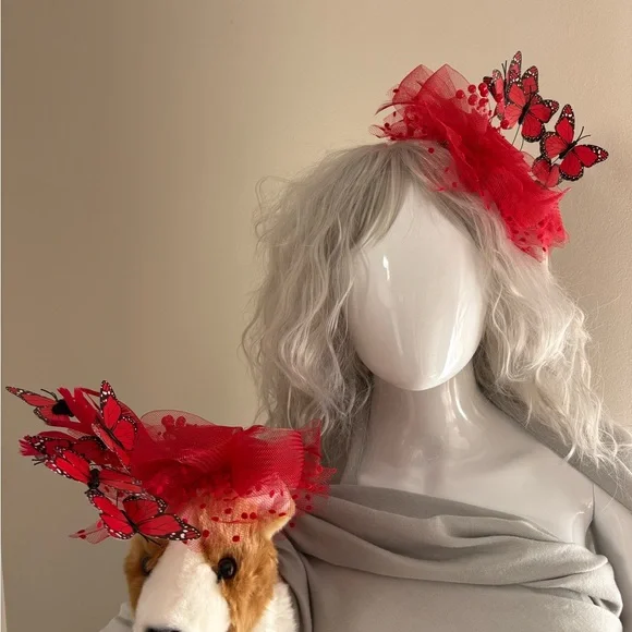 Red Holiday Fascinator Set For Owner and Pet by Crown and Collars.